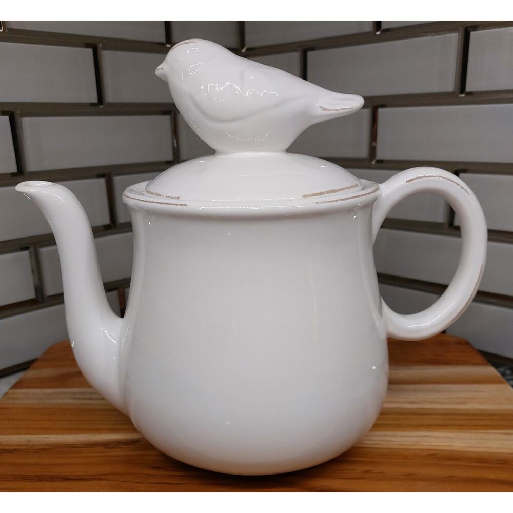 Teapot with Bird Stamped Bellini-Italy White with Distressed Goldish/Brown Trim